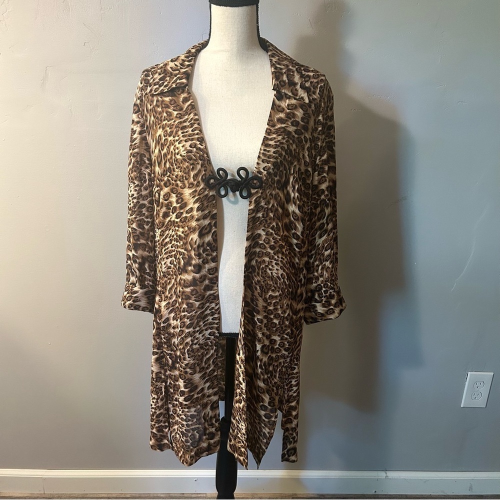 Studio I Leopard Print Coverup Cardigan Kimono Size 16 Semi Sheer Swimsuit Cover